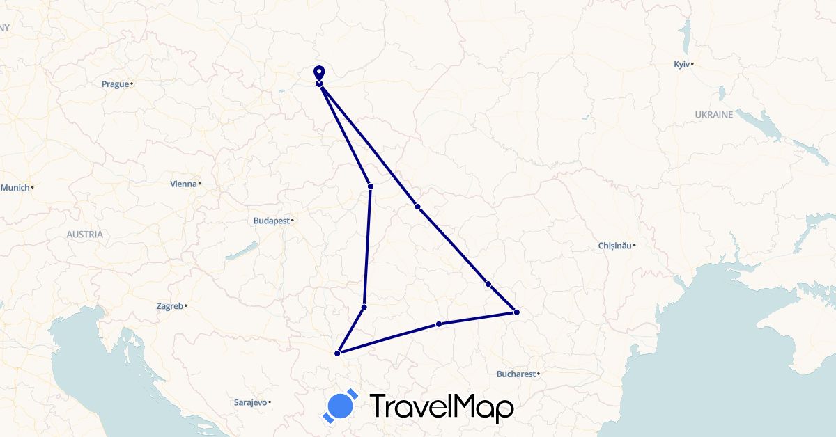 TravelMap itinerary: driving in Hungary, Poland, Romania, Serbia (Europe)
